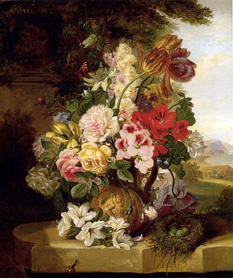  Натюрморт из тюльпанов, роз, других цветов и бабочки   Джон Вейнрайт
