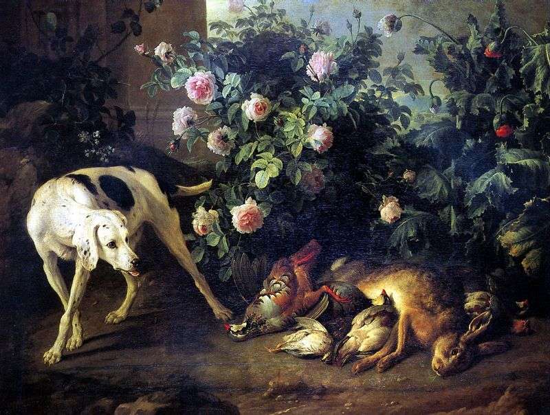  Натюрморт с собакой и битой дичью у розового куста   Франсуа Депорт