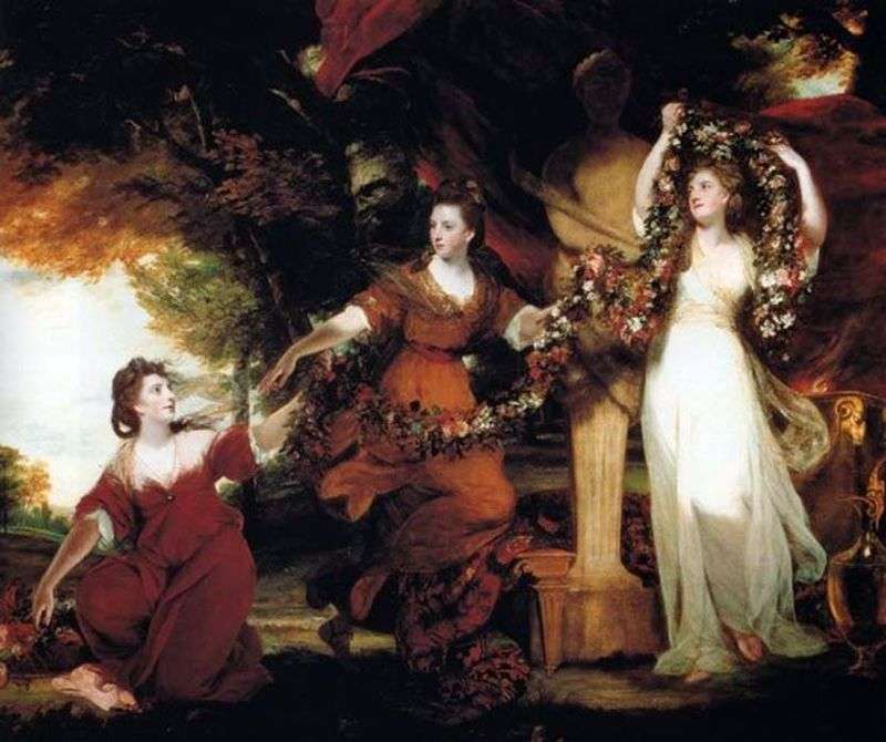  Три сестры Монтгомери в виде граций, украшающих цветами изваяние Гименея   Джошуа Рейнолдс