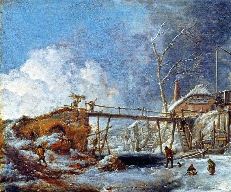  Зимний пейзаж с деревянным мостом   Филипс Вауверман
