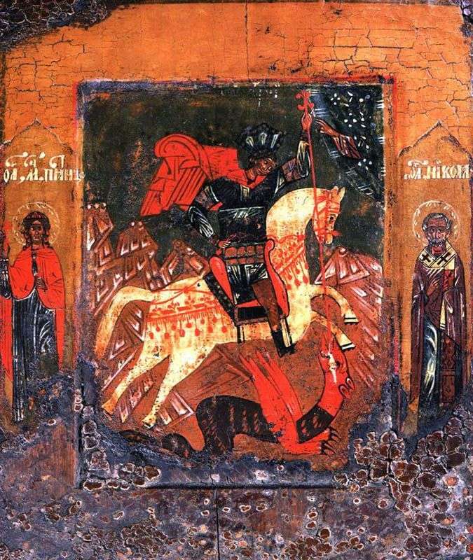  Чудо святого Георгия о змие, с Параскевой пятницей и Николой Чудотворцем на полях