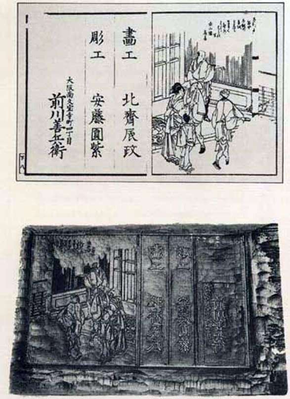  Печатная доска и современный отпечаток последнего листа книги   Кацусика Хокусай